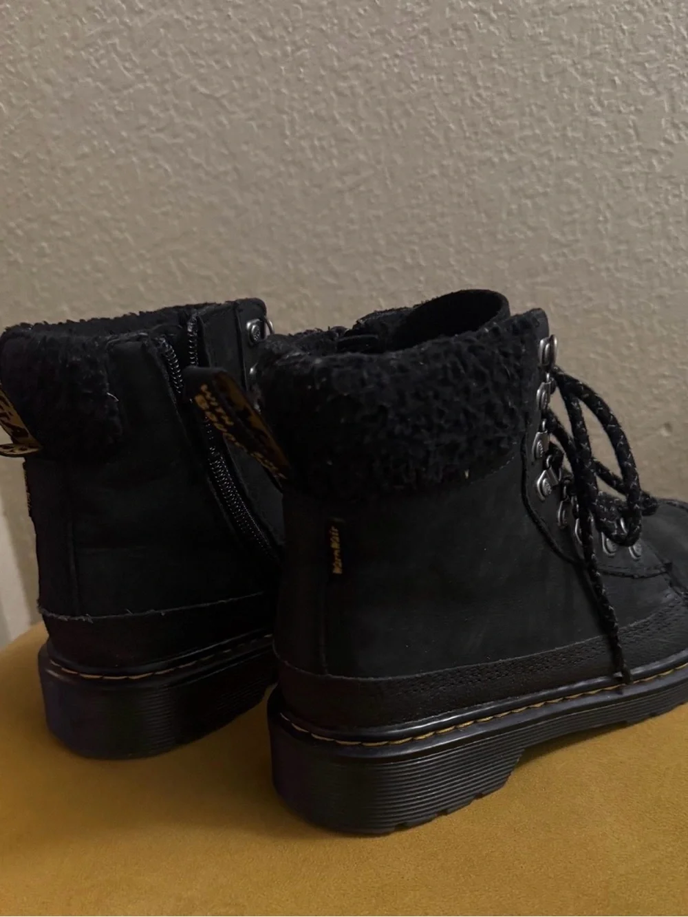 Dr. Martens Kids Black Lace-Up Faux Fur Cuff Ankle Boots